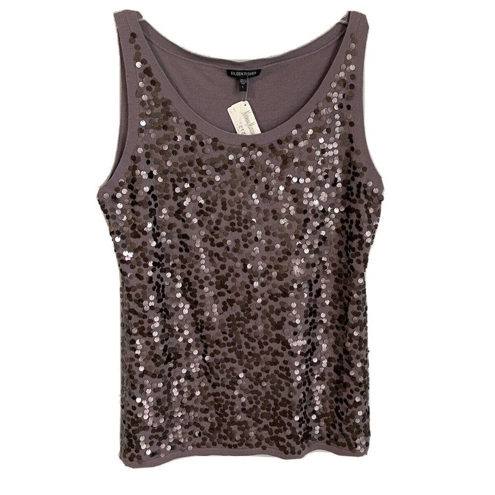 New Eileen Fisher Purple Embellished Sequin 100% Merino Wool Tank